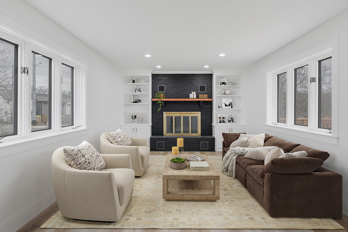 living room with virtually staged furniture and decor